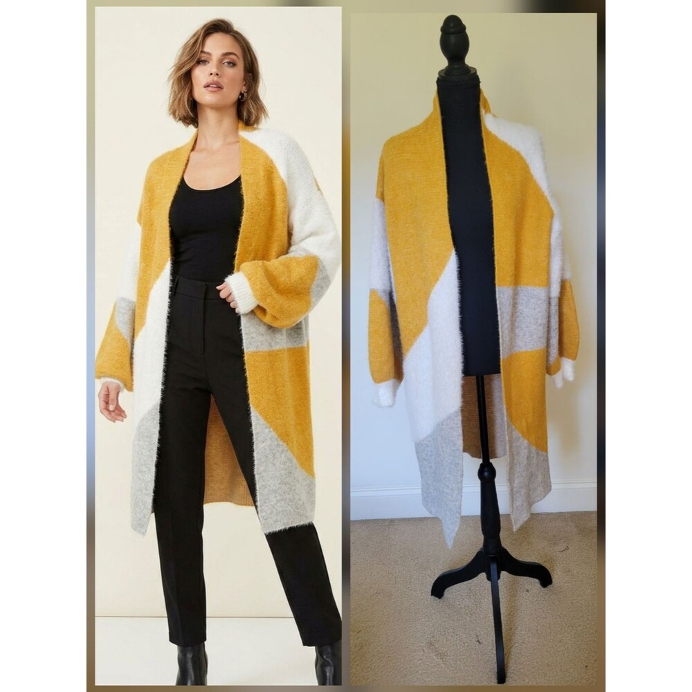 Oliver. O Mustard/Grey Fuzzy Color-Block Oversized Duster Cardigan Boho Chic M